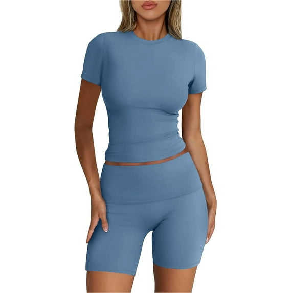 MSJUHEG 2 Piece Summer Sets for Women 2 Piece Outfits Sweatsuit Summer Outfits for Women 2025 Linen Shorts for Women Womens Short Sets Summer Sets Pajama Sets Dark Blue S