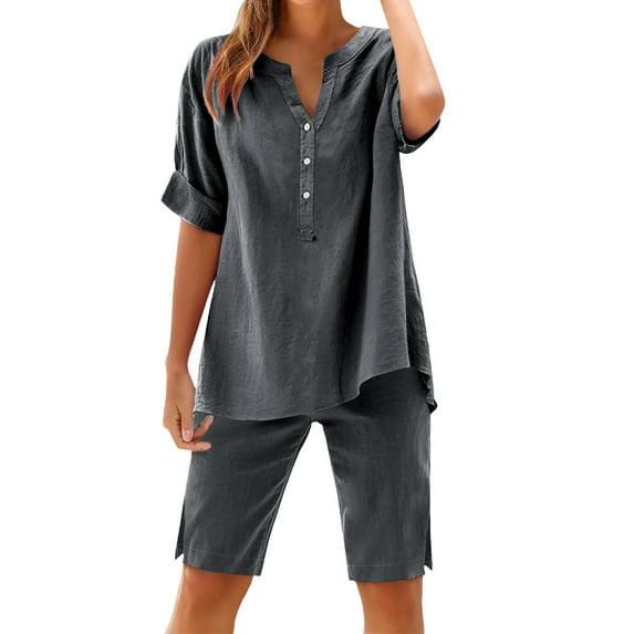 MSJUHEG 2 Piece Workout Sets for Women Plus Size Short Sets Summer Sets Linen Shorts for Women Womens 2 Piece Outfits Summer 2 Piece Sets for Women Summer Summer Sets for Women Dark Gray 4XL