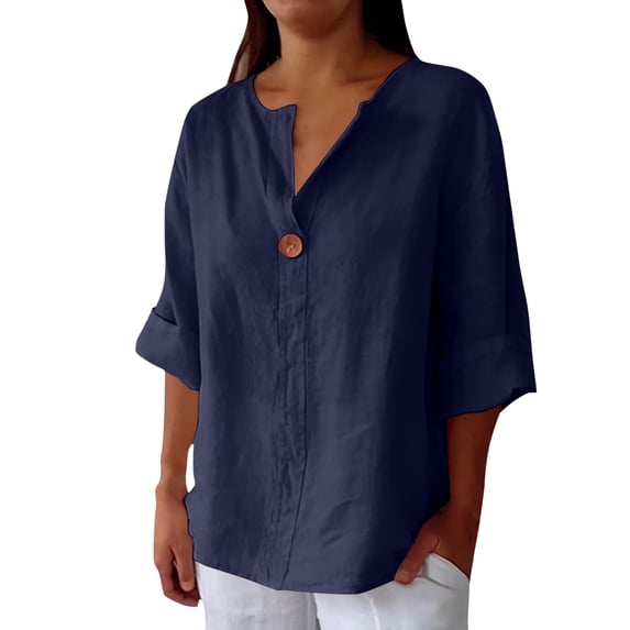 MSJUHEG 3/4 Sleeve Linen Tops for Women Dressy Casual Blouses Flowy Floral Shirts Loose Linen Top Cotton Linen Shirts Gauze Shirts for Women Cotton Linen Cotton Boho Blouses Short Sleeve Dark Blue S