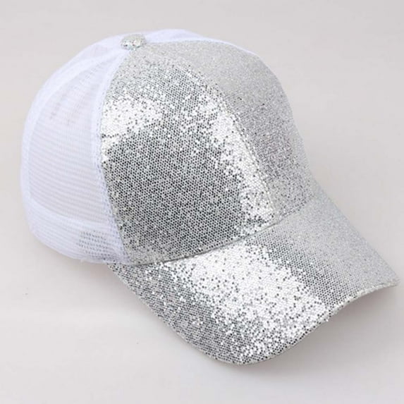 MSJUHEG Baseball Cap Sun Hats for Women Bucket Hat Women Girl Ponytail Baseball Cap Sequins Shiny Messy Bun Snapback Hat Sun Caps Hats for Women Fascinators Hats for Women Cotton 1PC Hat Silver 54