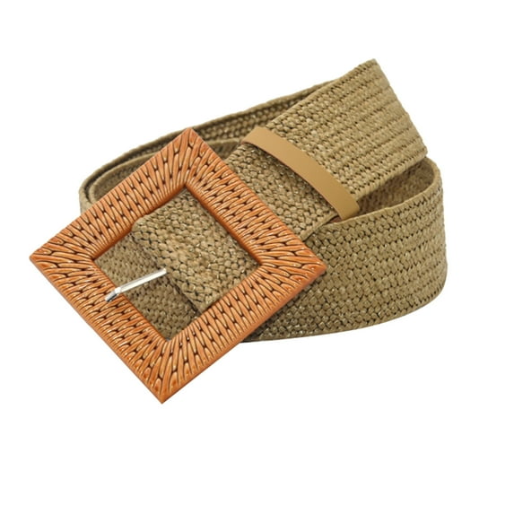 MSJUHEG Belt Buckle Mens Belts Leather Women Belts For Dresses Elastic Straw Rattan Waist Band With Wood Buckle Leash Khaki One Size