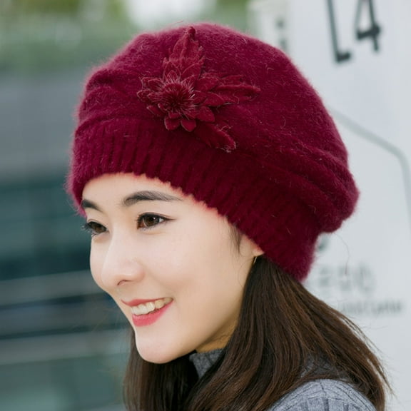 MSJUHEG Beret Hats for Women Hats for Women Winter Hats for Women Womens Flower Knit Crochet Beanie Hat Winter Warm Cap Beret Hats for Men Fascinators Hats for Women Cotton 1PC Hat Wine One Size