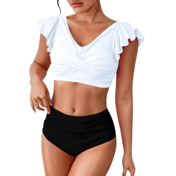 MSJUHEG Bikinis Set,Bikini Tops Full Coverage Bottoms,Mid Rise Bikini Sets for Women,Bathing Suits,Bathing Suit with Shorts,Tummy Control Bikini for Women,Ruched Two Piece Swimsuit White S