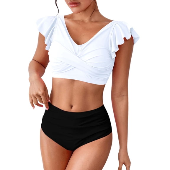 MSJUHEG Bikinis Set,Bikini Tops Full Coverage Bottoms,Mid Rise Bikini Sets for Women,Bathing Suits,Bathing Suit with Shorts,Tummy Control Bikini for Women,Ruched Two Piece Swimsuit White S