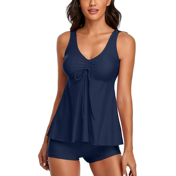 MSJUHEG Blouson Tankini Top with Sporty Boy Shorts 2025,Bathing Suit for Women,Tankini Swimsuits for Women,Halter Bikini Sets for Women,Bathing Suit Skirt,One Shoulder Swimsuits for Women, Dark Blue L