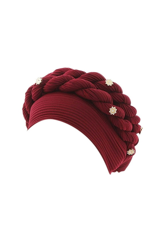 Braid Turban Cap Twisted Braid Hat Braid Head Wrap for Women Beading Braid Hat Ruffle Cancer Wrap Cap Sleep Caps Hats for Women Fascinators Hats for Women Polyester 1PC Hat Wine One Size