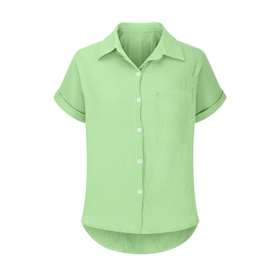 MSJUHEG Button Down Blouses Short Sleeve Business Casual Collared Tops Pleated Front Neck Solid Color Cardigan Solid Blouses Casual Comfortable Sweatshirt A11 Mint Green 5XL