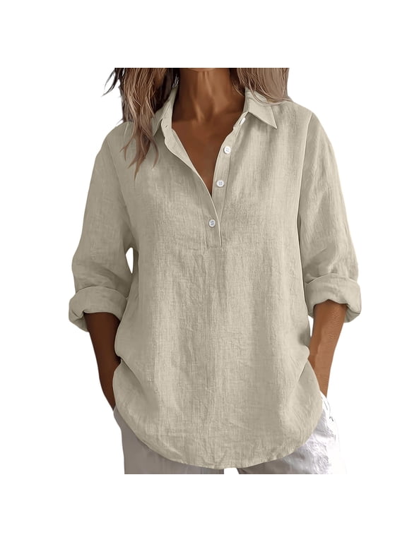 Button Down Henley Shirts Long Sleeve Blouse V Neck Button Down Lapel Collar Loose Tops Ladies T Shirts Plus Size Tops Plus Size Shirts Summer Beach Tops A3 Beige L