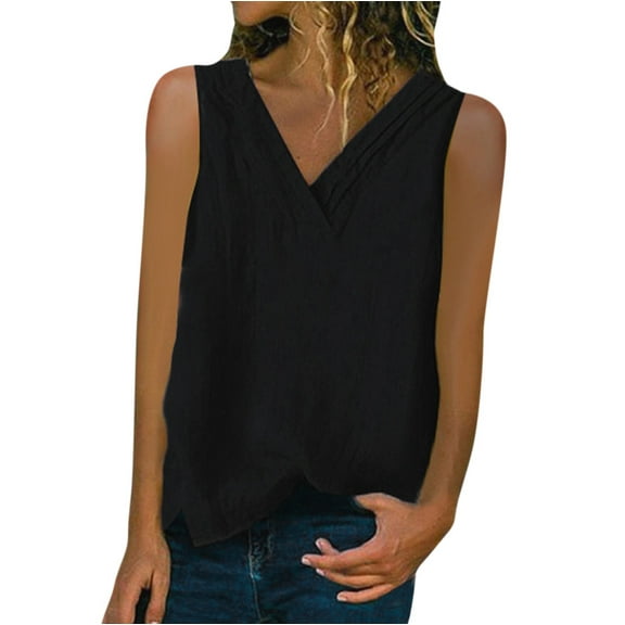MSJUHEG Camisole Tops for Women Tank Top for Women Going Out Tops for Women Sleeveless Tops for Women Black Tank Top Woman Lmitation Linen Tops Shirt V Neck Blouse Tee Vest Polyester 1PC Top Black L