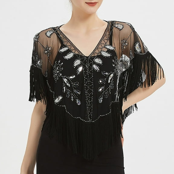 MSJUHEG Cape,Shawl Wraps,Warm Shawl Wraps,Shoulder Cape,Ponchos,Fashionable Mesh Sequined Tassel Gown Shawl Elegant Beaded Smock Cape A One Size