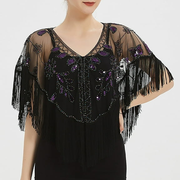 MSJUHEG Cape,Shawl Wraps,Warm Shawl Wraps,Shoulder Cape,Ponchos,Fashionable Mesh Sequined Tassel Gown Shawl Elegant Beaded Smock Cape E One Size