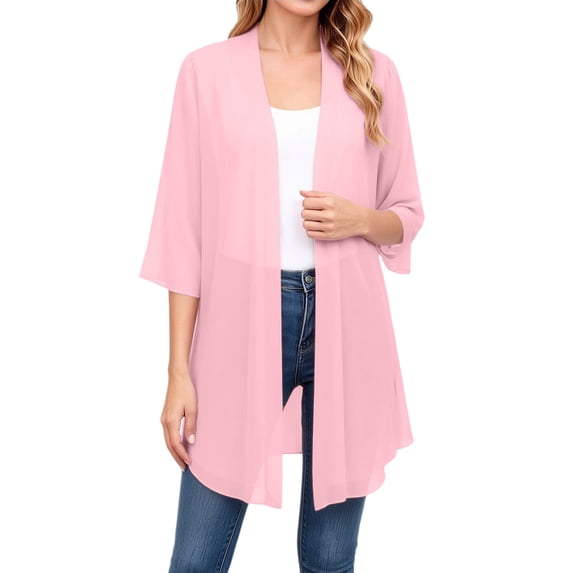 MSJUHEG Cardigan Long for Women 3/4 Batwing Sleeve Thin Shrugs Soft Chiffon Button Front Sheer Chiffon Shrug Cardigan for Dress Open Front Cropped Casual Blouse Tops Pink L