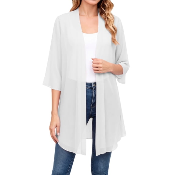 MSJUHEG Cardigan Long for Women 3/4 Length Sleeve Soft Chiffon Sheer Chiffon Shrug Sparkle Cardigan Thin Shrugs Loose Fit Shiny Mesh Top Sheer Summer Outfits White L