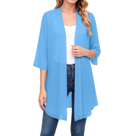 MSJUHEG Cardigan Long for Women 3/4 Sleeve Cardigan Sheer Chiffon Shrug Sheer Jacket Soft Chiffon Swimsuit Coverups Solid Color Tie Front Tops Short Sleeve Chiffon Shrug Sky Blue Xl