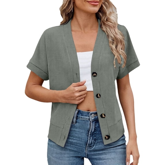 MSJUHEG Cardigan Sweaters for Women Short Sleeve Shirts Button Down Cardigan Sweaters Lightweight Cardigans Open Front Tops Oversized Round Neck Coat Outerwear Green 2xl