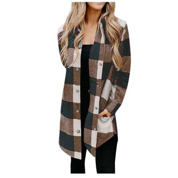 MSJUHEG Cardigan For Women Cardigan Sweaters For Women New Long Sleeve Plaid Print Button Open Front Long Cardigan Outerwear Womens Cardigan Sweaters Brown L