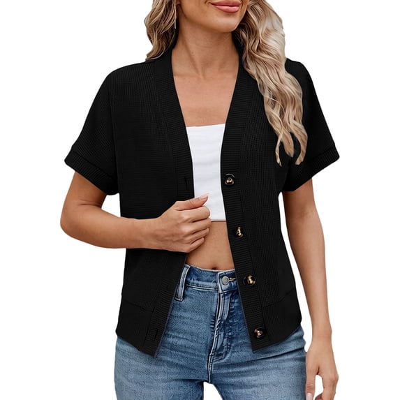 MSJUHEG Cardigan for Women Short Sleeve Shrug Oversized Sweater Cropped Cardigans Lightweight Cardigans Button Down Shirts Button Up Sweaters Fall Winter Sweater Coat Black M