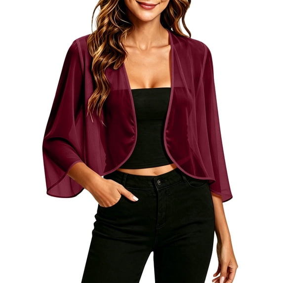 MSJUHEG Chiffon Cardigans for Women 3/4 Pleated Sleeves Swimsuit Coverups Knit Shrug Sheer Chiffon Shrug Shiny Mesh Top Sheer Open Front Cropped Inwomen's Swimwear Cover Ups Wine Xl