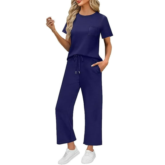 MSJUHEG Crop Tops Wide Leg Pant Sets 2 Piece Pants Set for Women Summer Sleeveless Round Neck Tank Tops 2 Piece Outfits 2025 Sweatsuit Lounge Set Womens Womens Two Piece Sets Summer Navy L