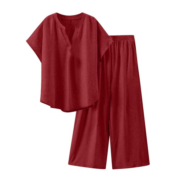 MSJUHEG Crop Tops Wide Leg Pant Sets 2 Piece Pants Set for Women Summer Workout Sets for Women Sets for Women Sleeveless Round Neck Tank Tops Beach Vacation Clothes for Women Red S