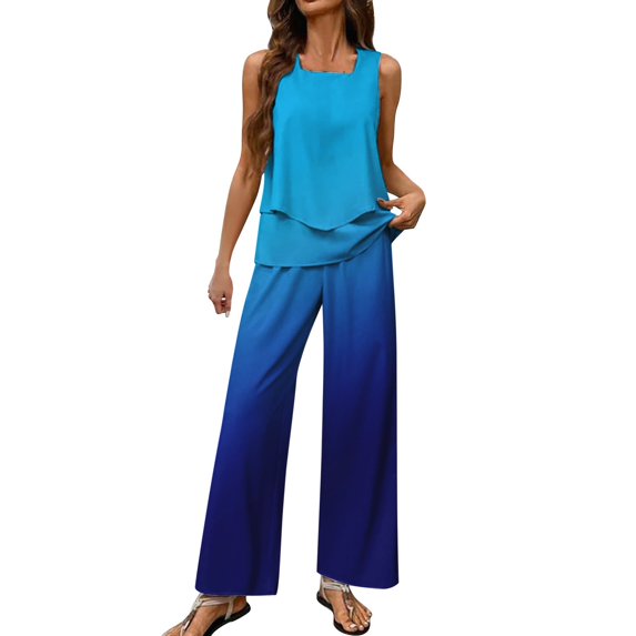 MSJUHEG Crop Tops Wide Leg Pant Sets Two Piece Outfits Summer 2 Piece Matching Summer Sweatsuit Lounge Set Womens Summer Work Outfits for Women Linen Sets for Women 2 Piece Blue L