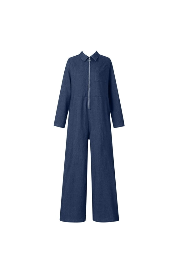 Denim Jumpsuit for Women,Denim Romper,Jean Jumpsuit,Jean Jumper,Bodycon Jumpsuits Long Sleeve High Waisted Slim Fit Long Romper With Pockets Belt,Workout One Piece for Women Navy L