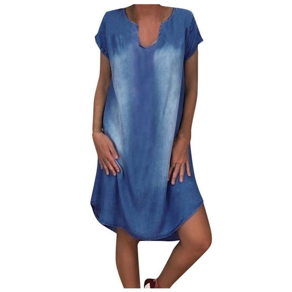 MSJUHEG Denim Skirt Blue Dress Women Fashion Short Sleeve V Neck Denim Jean Dress Knee Length Denim Short Dress Jean Skirt Blue Xl