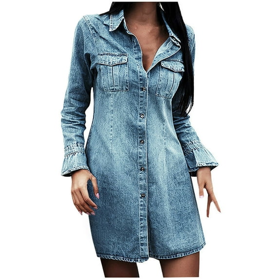 MSJUHEG Denim Skirt Blue Dress Women'S Casual Turndown Neck Denim Party Dresses Long Sleeve Dress Jean Skirt Light Blue L