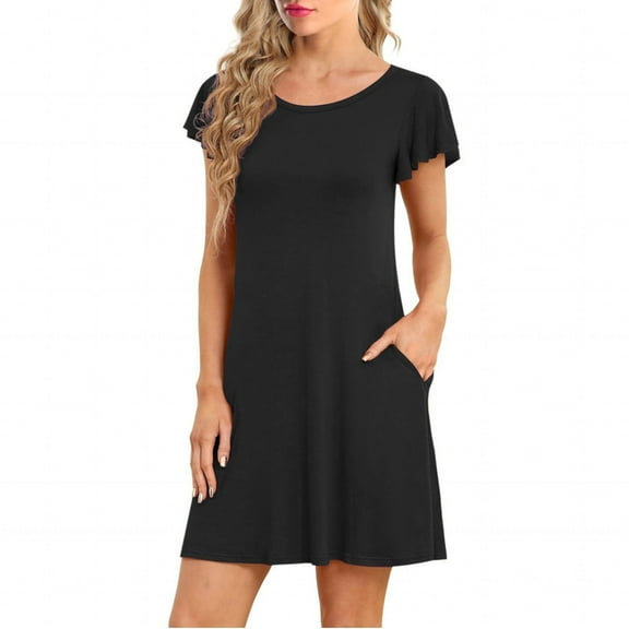 MSJUHEG Dresses for Women 2024 Summer Dresses for Women 2024 Dresses Ruffle Short Sleeve Tshirt Dress Round Neck Swing Sundress with Pockets Womens Dresses Plus Size Dresses for Curvy Women Black S