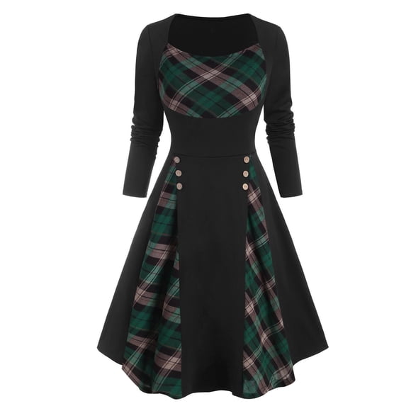 MSJUHEG Fall Dresses For Women 2023 Green Dress Women Plus Size Plaid Insert Mock Button Long Sleeve Dress Homecoming Dresses Green M