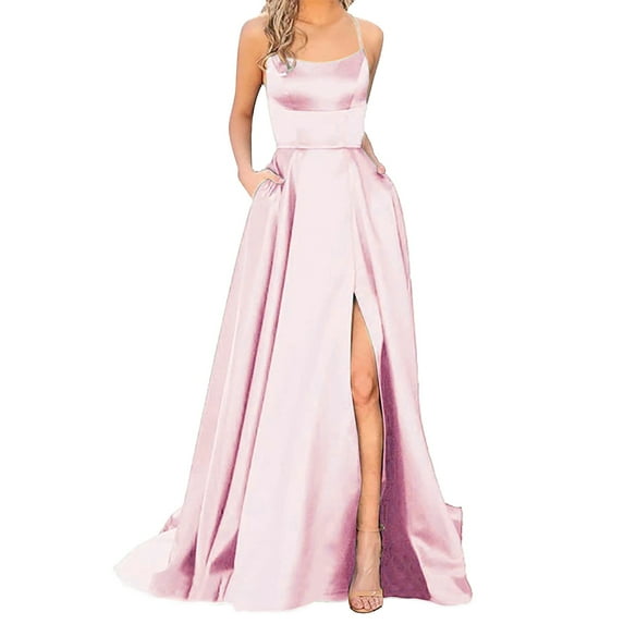 MSJUHEG Fall Dresses Pink Dress Prom Dresses Long Elegant Halter Backless Long Dresses Crisn Satin Spaghetti Party Side Slit Wedding Evening Party Dress Sundresses For Women Pink L