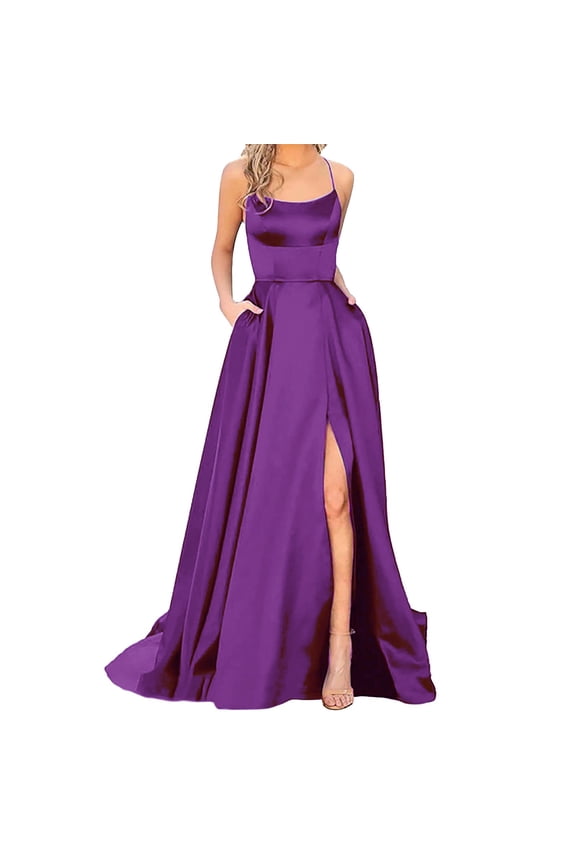 Fall Dresses Purple Dress Prom Dresses Long Elegant Halter Backless Long Dresses Crisn Satin Spaghetti Party Side Slit Wedding Evening Party Dress Sundresses For Women Purple M