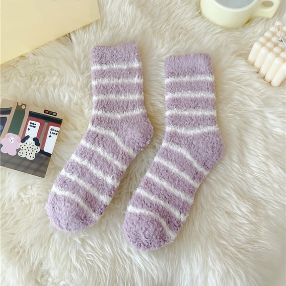 MSJUHEG Fuzzy Socks,Slipper Socks,Fluffy Socks,Bearpaw Socks,Cloud Socks,Autumn Winter Striped Plush Insulation Coral Velvet Socks Carpet Socks Sleep Socks Purple One Size