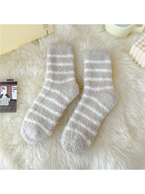 Fuzzy Socks,Slipper Socks,Fluffy Socks,Bearpaw Socks,Cloud Socks,Autumn Winter Striped Plush Insulation Coral Velvet Socks Carpet Socks Sleep Socks Gray One Size