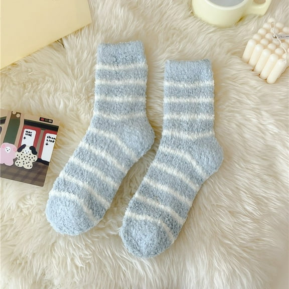 MSJUHEG Fuzzy Socks,Slipper Socks,Fluffy Socks,Bearpaw Socks,Cloud Socks,Autumn Winter Striped Plush Insulation Coral Velvet Socks Carpet Socks Sleep Socks Blue One Size