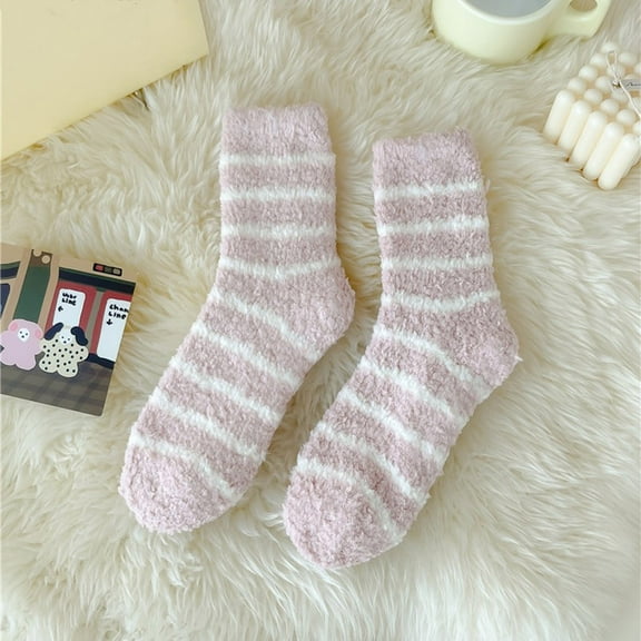MSJUHEG Fuzzy Socks,Slipper Socks,Fluffy Socks,Bearpaw Socks,Cloud Socks,Autumn Winter Striped Plush Insulation Coral Velvet Socks Carpet Socks Sleep Socks Red One Size