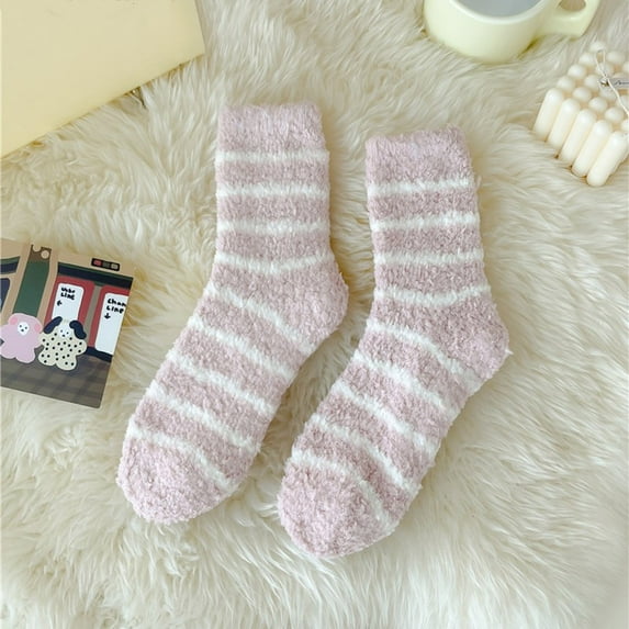 MSJUHEG Fuzzy Socks,Slipper Socks,Fluffy Socks,Bearpaw Socks,Cloud Socks,Autumn Winter Striped Plush Insulation Coral Velvet Socks Carpet Socks Sleep Socks Red One Size