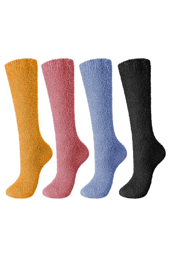 Fuzzy Socks,Slipper Socks,Fluffy Socks,Bearpaw Socks,Cloud Socks,Fuzzy Socks for 4 Pairs Knee Fuzzy Socks Warm High Socks Plush Long Socks Assorted Yellow A