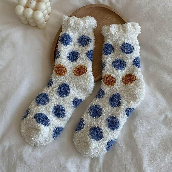 MSJUHEG Fuzzy Socks,Slipper Socks,Fluffy Socks,Bearpaw Socks,Cloud Socks,Winter Dots Socks Mid Tube Socks Coral Thickened Warm Stockings Blue One Size
