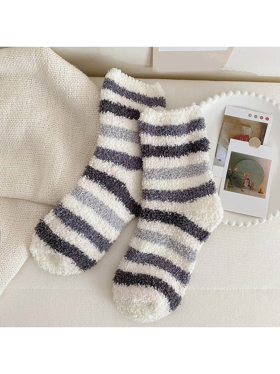 Fuzzy Socks,Slipper Socks,Fluffy Socks,Bearpaw Socks,Cloud Socks,Winter Stripe Socks Mid Tube Socks Coral Thickened Warm Stockings Gray One Size