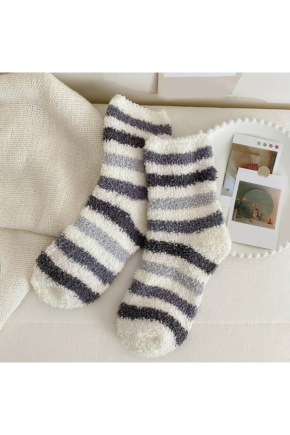Fuzzy Socks,Slipper Socks,Fluffy Socks,Bearpaw Socks,Cloud Socks,Winter Stripe Socks Mid Tube Socks Coral Thickened Warm Stockings Gray One Size