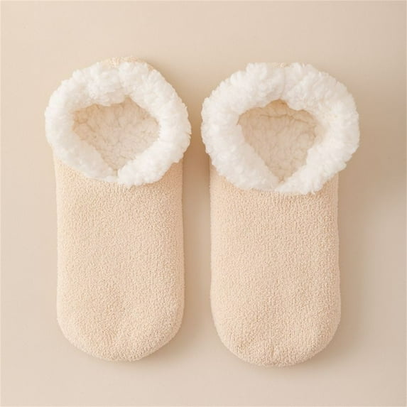 MSJUHEG Fuzzy Socks,Slipper Socks,Fluffy Socks,Bearpaw Socks,Cloud Socks,Winter Super Thick Couple's Short Shoes and Socks Lamb's Wool Warm Plush Floor Socks Beige One Size