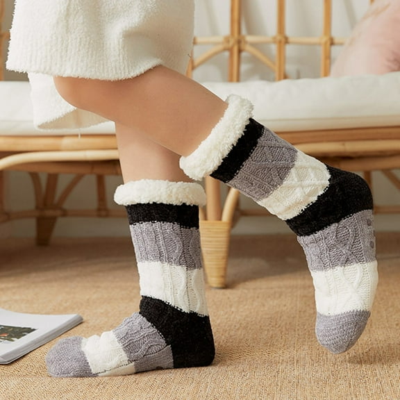 MSJUHEG Fuzzy Socks for Women,Slipper Socks for Women,Fluffy Socks,Bearpaw Socks,Cloud Socks,Women Girls Stripe Casual Non Slip Warm Winter Mid Cute Socks B One Size