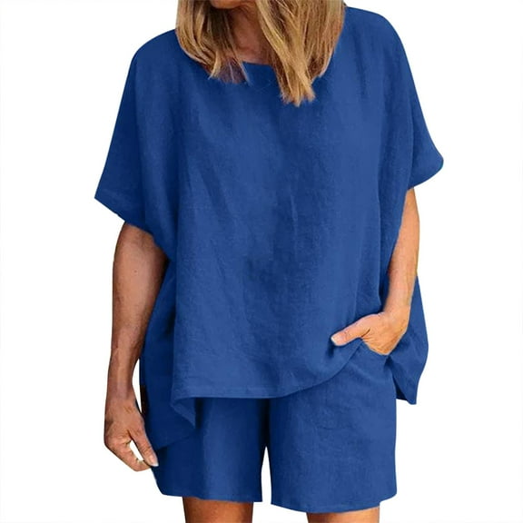 MSJUHEG Linen Sets for Women 2 Piece,Two Piece Sets for Women,Linen Pants Women,Wide Leg Jumpsuits for Women,Loose Round Neck Solid Color Cotton Two Shorts Suit,Women's Jumpsuits Blue L