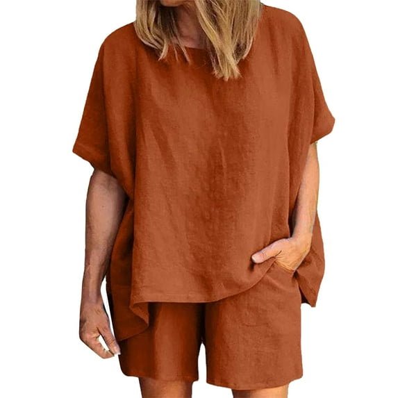 MSJUHEG Gym Shorts Women Crewneck Sweatshirts Ladies Loose Casual Round Neck Solid Color Cotton Two Piece Shorts Suit Lounge Sets For Women Brown 3Xl