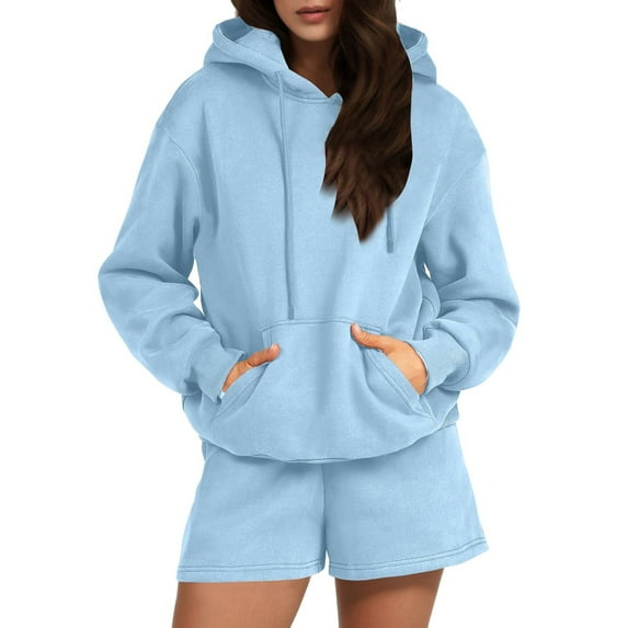 MSJUHEG Gym Shorts Women Hoodies For Women Women'S Solid Color Fashion Casual Long Sleeve Drawstring Pocket Hooded Sweater Shorts Set Womens Hoodies Light Blue S