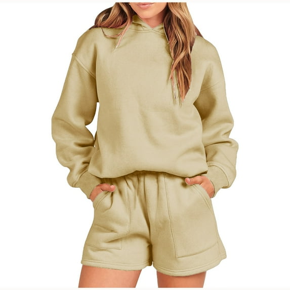 MSJUHEG Gym Shorts Women Hoodies For Women Women Solid Color 2 Piece Outfits Hoodie Short Set Oversized Sweatshirt Shorts Sweatsuit Pullover Fashion Casual Shorts Set Womens Hoodies Khaki Xxl