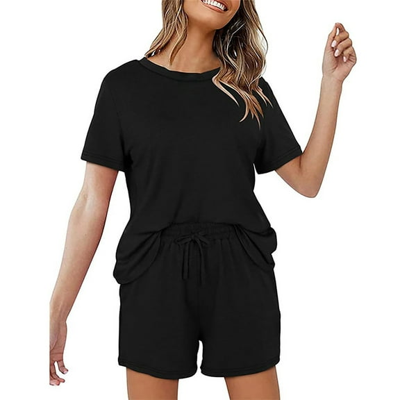 MSJUHEG Gym Shorts Women Womens Tops Womens Two Piece Outfits Solid Color Tops Blouse T Shirt Shorts Set With Pockets Lounge Sets For Women Black Xxl