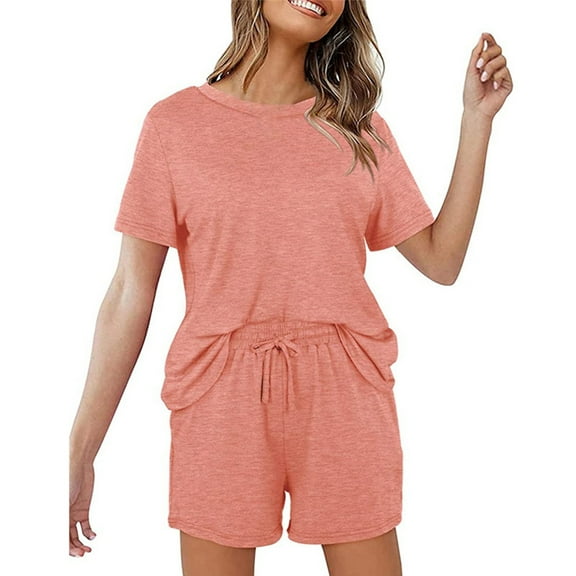 MSJUHEG Gym Shorts Women Womens Tops Womens Two Piece Outfits Solid Color Tops Blouse T Shirt Shorts Set With Pockets Lounge Sets For Women Pink Xxl