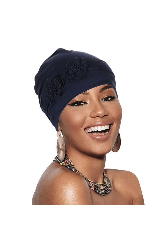 Head Scarves for Chemo,Turbans,Hair Scarf,Chemo Headwear,Head Wraps,Flower Head Hat Cap Ethnic Floral Hair Turban Headwear Turban Cap Pleated Hat Navy One Size
